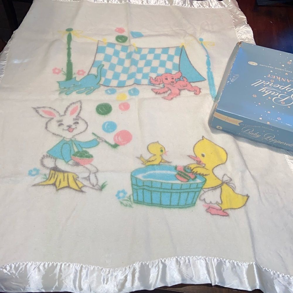 Vtg Baby Pepperell Nap Guard Super soft blanket Ducks Rabbit crib Lovey in Box